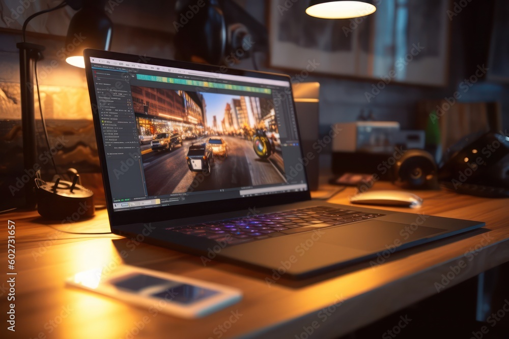 The laptop gear of the content creator on the table in the home studio with Ai Generated The laptop gear of the content creator on the table in the home studio with Ai Generated