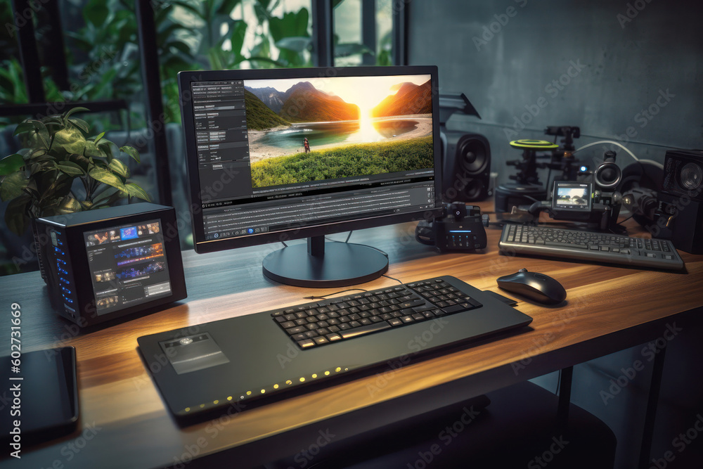 A computer monitor with mouse gear of content creator with Ai Generated A computer monitor with mouse gear of content creator with Ai Generated
