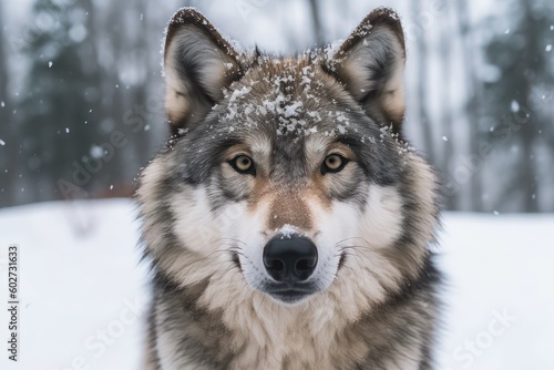 The portrait of the gray wolf in the snow with Ai Generated