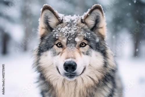 Portrait of gray wolf looking at camera in the snow with Ai Generated
