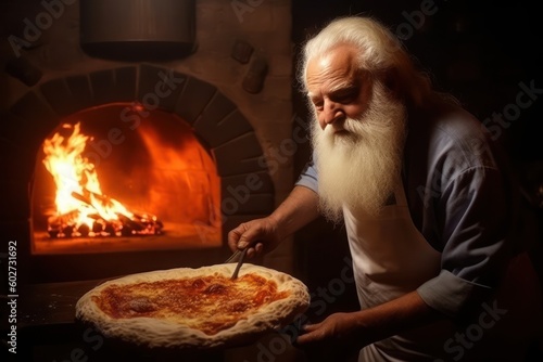 A beautiful long-haired senior man making pizza in front of a traditional oven.