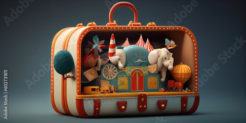 Magic suitcase. Circus, amusement park. Fantasy.