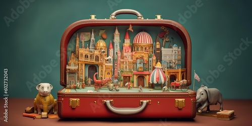 Magic suitcase. Circus, amusement park. Fantasy.
