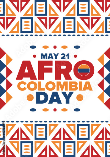 Afro-Colombian Day in Colombia. Celebrate annual in May 21. Freedom day poster. National holiday. Colombian flag. Afro-Colombian culture  history and heritage. Tradition pattern. Vector illustration