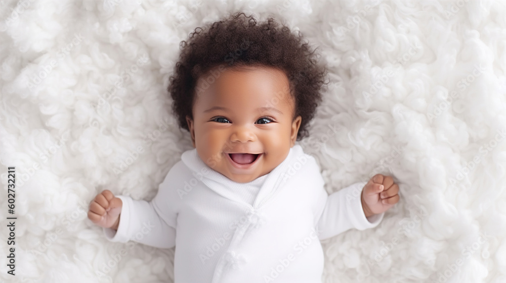 Little baby Child Smiling in Bed Playing. Adorable Happy Kid Cute Toddler. Bedtime preparation. generative ai Little baby Child Smiling in Bed Playing. Adorable Happy Kid Cute Toddler. Bedtime preparation. generative ai