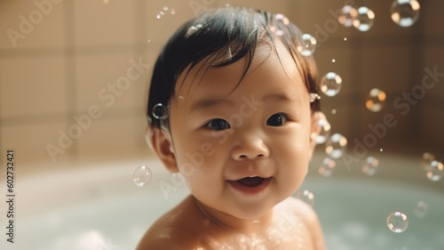  Smiling Little Baby Kid in Bath  Splashing and Playing with Bubbles at Home  Joyful Concept of Care  Comfort  and Hygiene for Young Children. generative ai