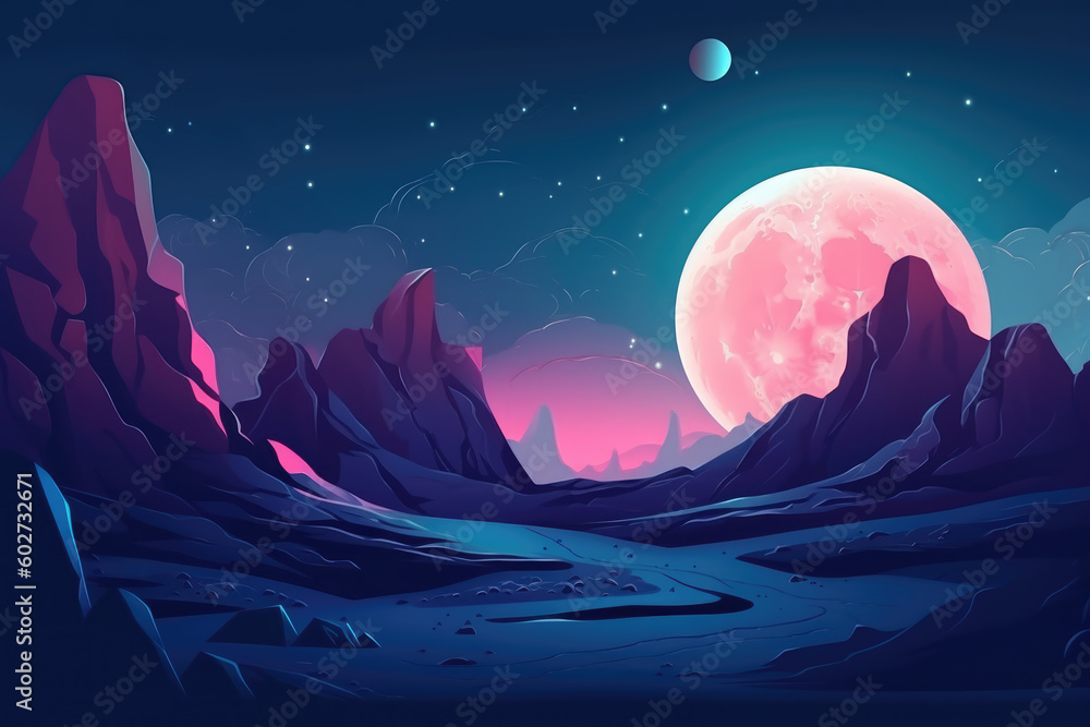 Alien planet surface, futuristic landscape background with glowing moon or satellite above rock cliff in dark starry sky. Fantasy mountains, book or computer game scene, Cartoon vector illustration