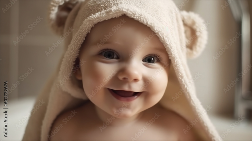 Little Baby Child Wrapped in Towel After Bath. Adorable Happy Smiling Kid in Bath Time Cute Toddler. generative ai Little Baby Child Wrapped in Towel After Bath. Adorable Happy Smiling Kid in Bath Time Cute Toddler. generative ai