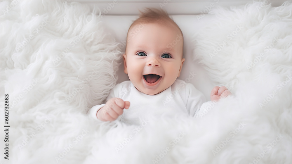 Little baby Child Smiling in Bed Playing. Adorable Happy Kid Cute Toddler. Bedtime preparation. generative ai Little baby Child Smiling in Bed Playing. Adorable Happy Kid Cute Toddler. Bedtime preparation. generative ai