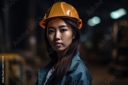 business woman asian smile helmet engineer industry job portrait industrial technician. Generative AI. © VICHIZH