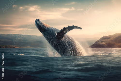 Ballena jorobada   saltando en el oceano al atardecer  sobre fondo de horizonte con puesta de sol