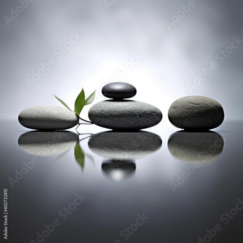 Zen stones and green plant on grey background. Spa style. 3D rendered illustration. - Generative AI