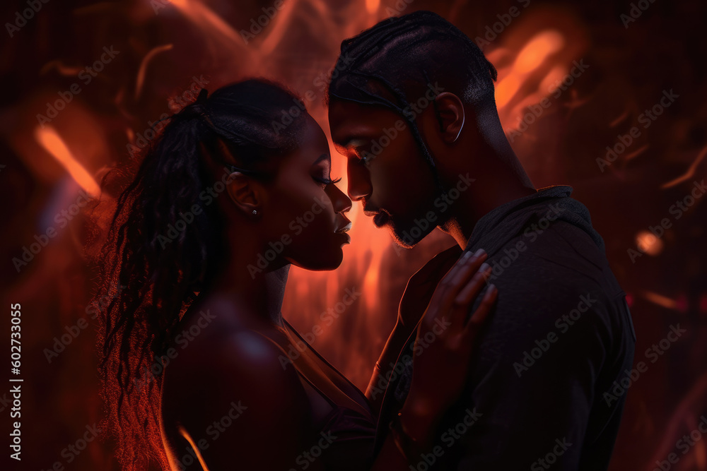 The power of a passionate kiss, sexy beautiful african woman kissing seductive man, erotic, glamour, sensual closeup couple kissAfrican love AI Generative The power of a passionate kiss, sexy beautiful african woman kissing seductive man, erotic, glamour, sensual closeup couple kissAfrican love AI Generative