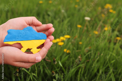 Map of Ukraine from plasticine in children's hands against the background of a green meadow
