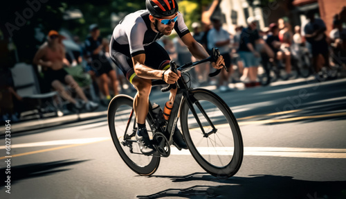 Pro Cyclist in a bike race, looking determined to win. Close up with shallow field of view and motion blur. Illustrative, Generative AI. Not a real person.