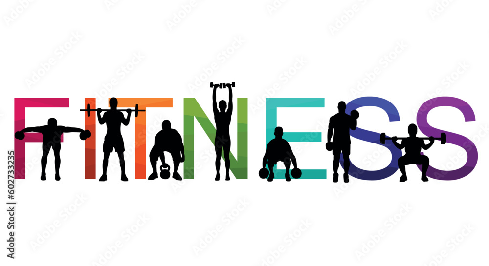 Detailed vector illustration silhouettes  strong rolling people set girl and man sport fitness gym body-building workout powerlifting health training dumbbells barbell. Healthy lifestyle. - obrazy, fototapety, plakaty 