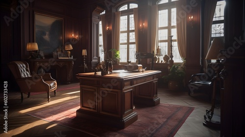 Victorian style CEO office, traditional luxurious. Award winning style wide shot photorealistic illustration. Generative AI. photo