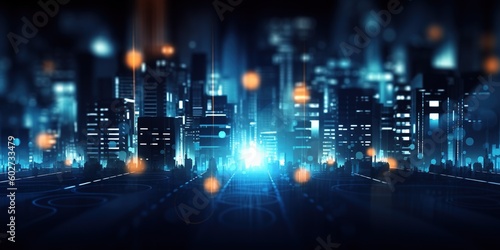 Night city. Cityscape. Blue  azure buildings. Generative AI. 
