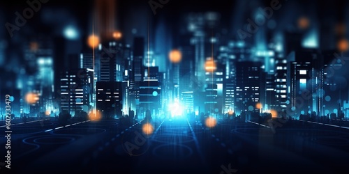 Night city. Cityscape. Blue, azure buildings. Generative AI. 