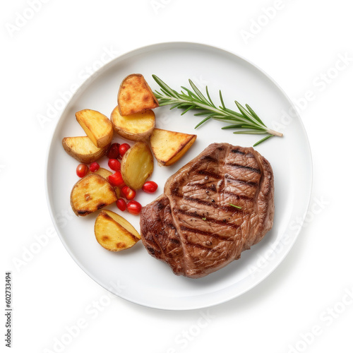 Steak with potatoes and rosemary on a plate isolated on white background. Generative AI