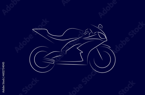 Silhouette of a motorcycle with simple white lines in a dynamic style on a dark blue background. Vector illustration