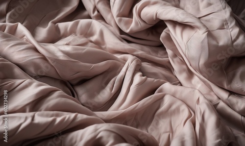  a close up of a bed with a pink comforter. generative ai