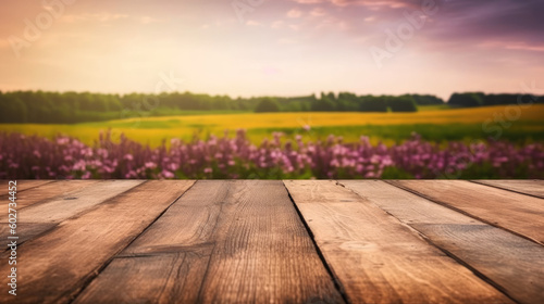 Rustic Wood Table Placed in the Middle of a Flourishing Field, Providing an Empty Space Over a Bed of Wildflowers 
