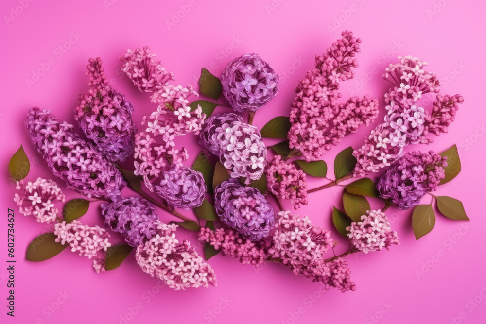 Fototapeta premium Colorful bright floral pattern of lilac on pink background. Group of flower buds making tracery. Flat lay, top view