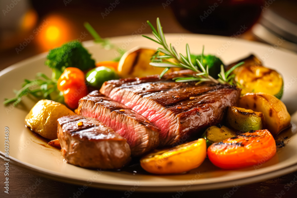 Grilled steak with vegetables. Delicious food. Generative AI