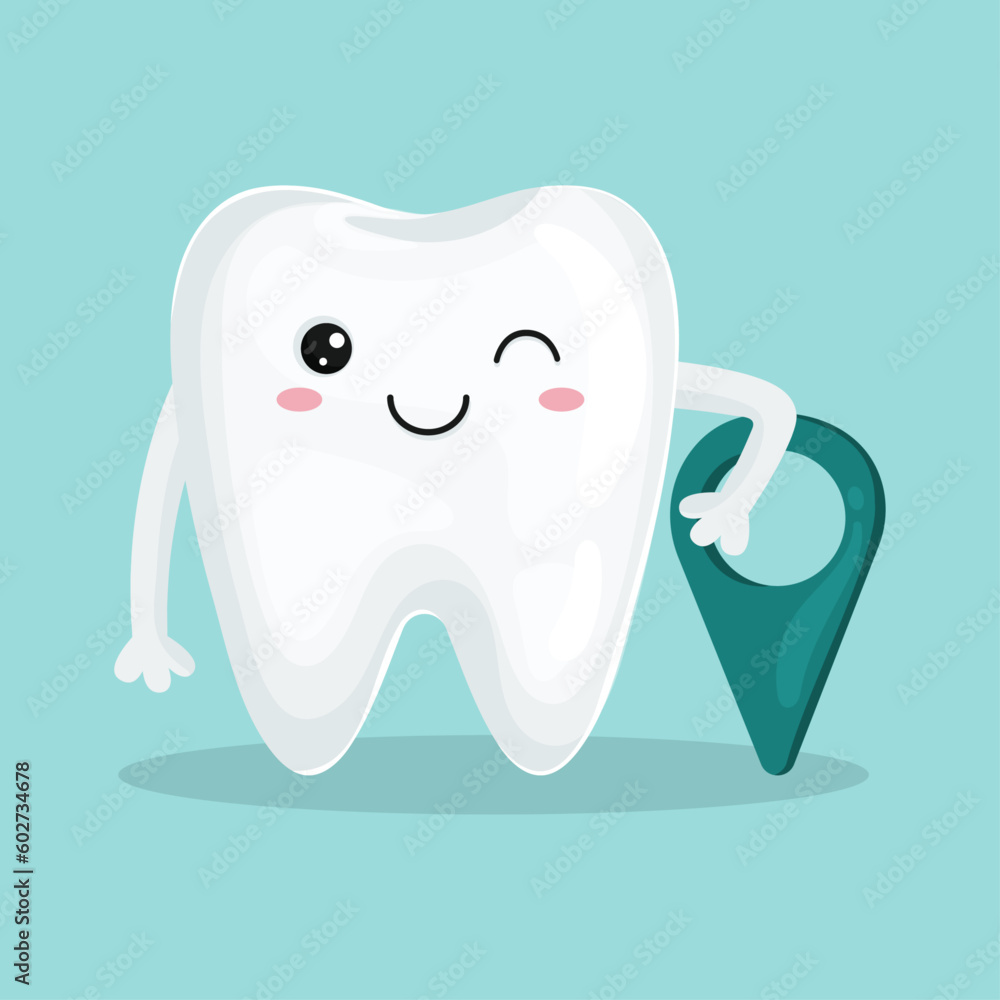 Tooth cartoon character with location sign winks an eye. Vector illustration. Kawaii style. Good for website, web design, social media, as a location icon for medical, dental clinic. Dentist website. Tooth cartoon character with location sign winks an eye. Vector illustration. Kawaii style. Good for website, web design, social media, as a location icon for medical, dental clinic. Dentist website.