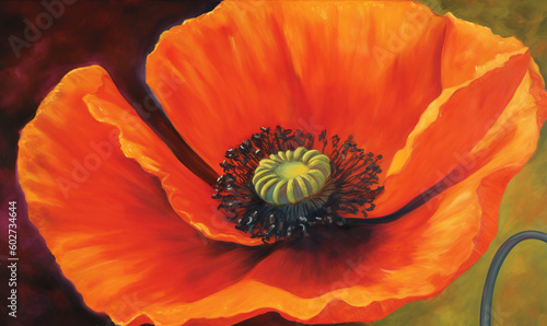  a painting of a bright orange flower with a green center. generative ai