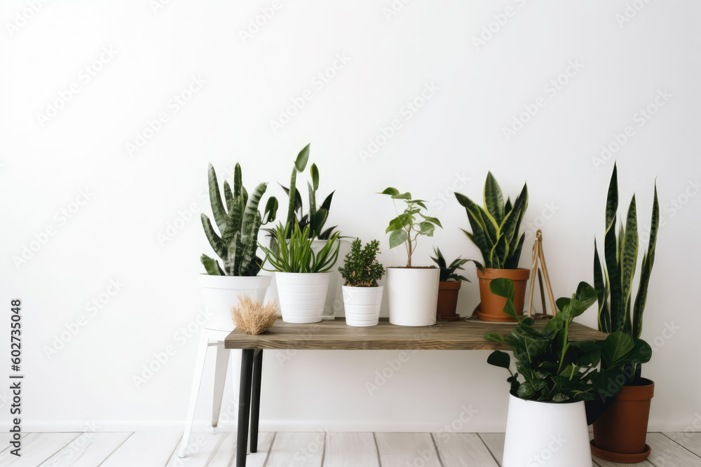 Fototapeta premium Green houseplants in pots and watering can on wooden table near white wall