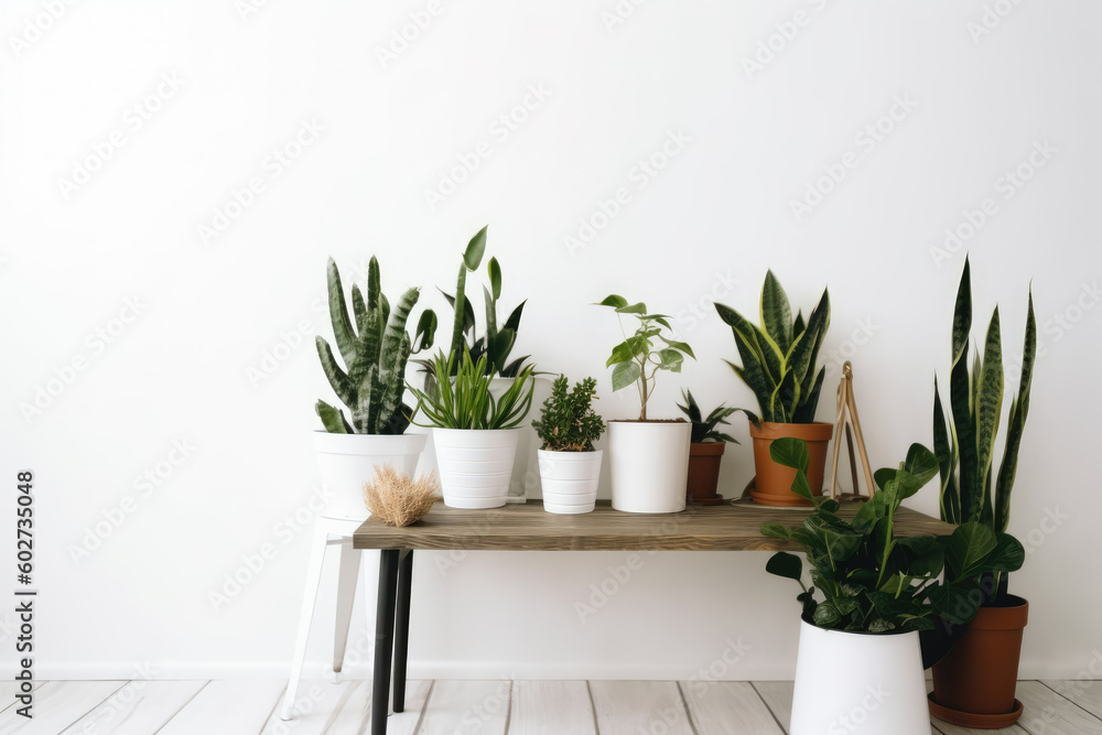 Green houseplants in pots and watering can on wooden table near white wall