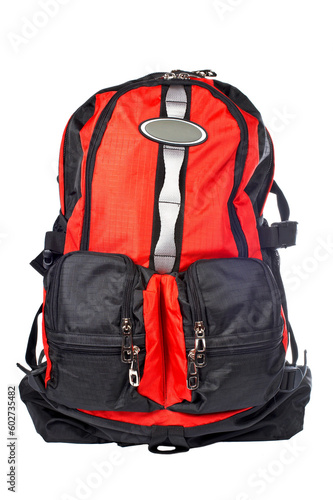 A black and red backpack over a white background