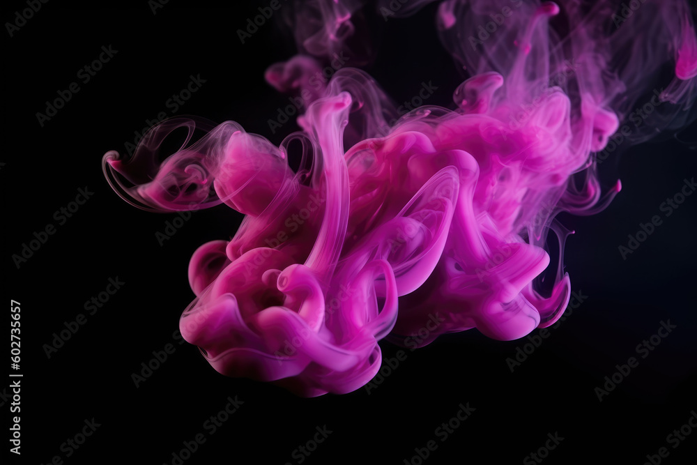 Ink splash. Color smoke. Paint water. Fantasy magic. Purple pink color glossy fume cloud dust particles on dark black abstract art background with free space Ink splash. Color smoke. Paint water. Fantasy magic. Purple pink color glossy fume cloud dust particles on dark black abstract art background with free space