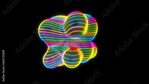 Abstract metaball - organic form with neon stripes, digital 3d rendering, concept design for science photo