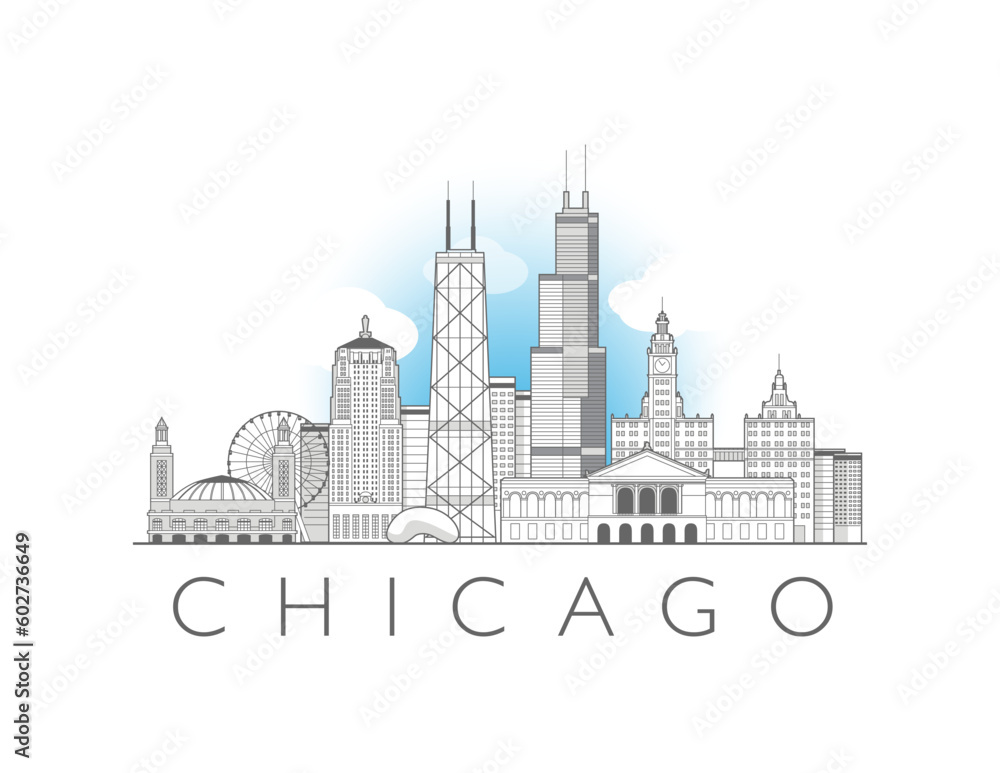 Naklejka premium Chicago cityscape line art style vector illustration