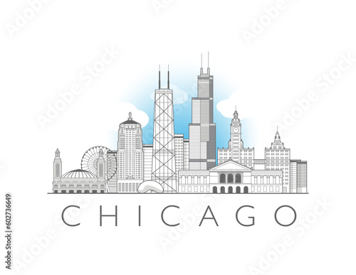 Chicago cityscape line art style vector illustration