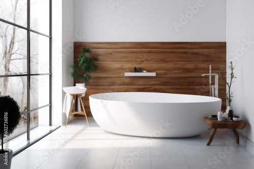 wood home style architecture bathroom house modern white luxury bathtub interior. Generative AI.