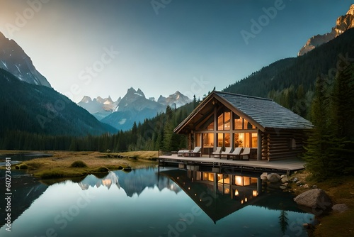 A cozy and rustic cabin-style hotel room nestled in a picturesque mountain landscape © MuhammadAshir