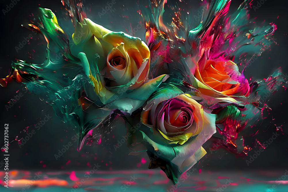Tło, abstrakcyjne akrylowe róże. Tapeta kwiaty, eksplozja kolorów. Generative Ai - obrazy, fototapety, plakaty 