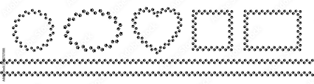 Frame paw pattern. Cute zoo border dog or cat. Black footprint boarder isolated on white background. Mark animal frames. Seamless border for design prints. Abstract footmark steps. Vector illustration - obrazy, fototapety, plakaty 