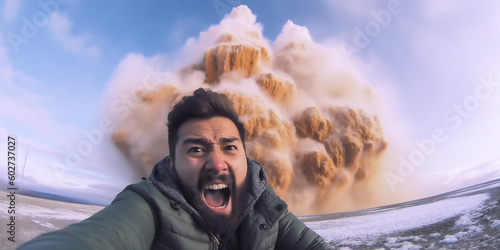 Selfie vor einem Vulkanausbruch KI