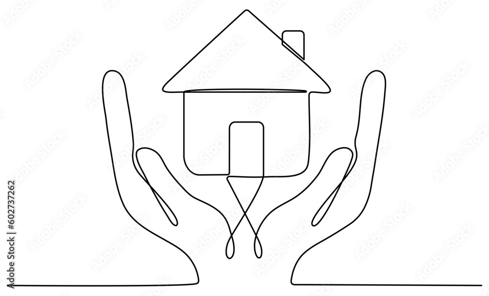 Hands hold house continuous one line drawn. Vector illustration isolated on white. Hands hold house continuous one line drawn. Vector illustration isolated on white.