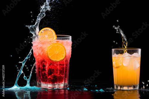 Czerwony i pomarańczowy drink z cytryną i lodem na czarnym tle. Generative AI
