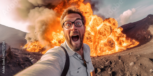 Selfie vor einem Vulkanausbruch KI