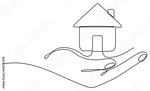 Hand holding house continuous one line drawn. Vector illustration isolated on white.