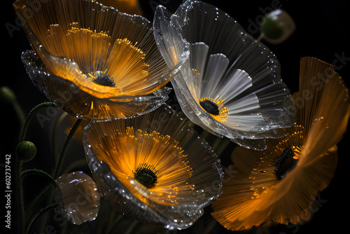 Abstrakcyjne kwiaty, żółte szklane Maki. Generative AI
