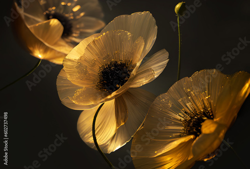 Abstrakcyjne kwiaty, żółte szklane Maki. Generative AI © Iwona