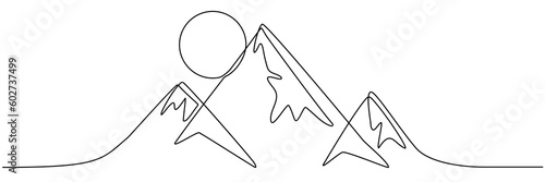 Mountain range with sun continuous one line drawn. Adventure mountains sunset linear concept. Vector illustration isolated on white.